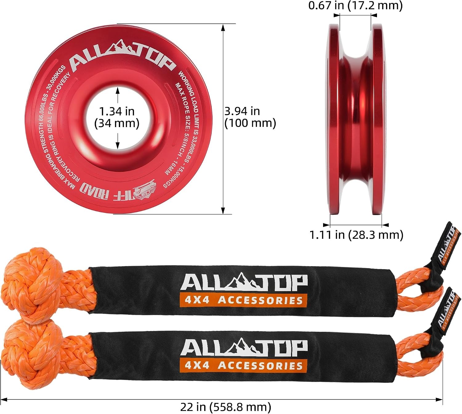 Synthetic Soft Shackle & Recovery Ring Kit (2PCS 1/2In X 22In - 48300LBS Shackles + 1 Red Snatch Pulley Ring) for Winch Tackle Pulley System