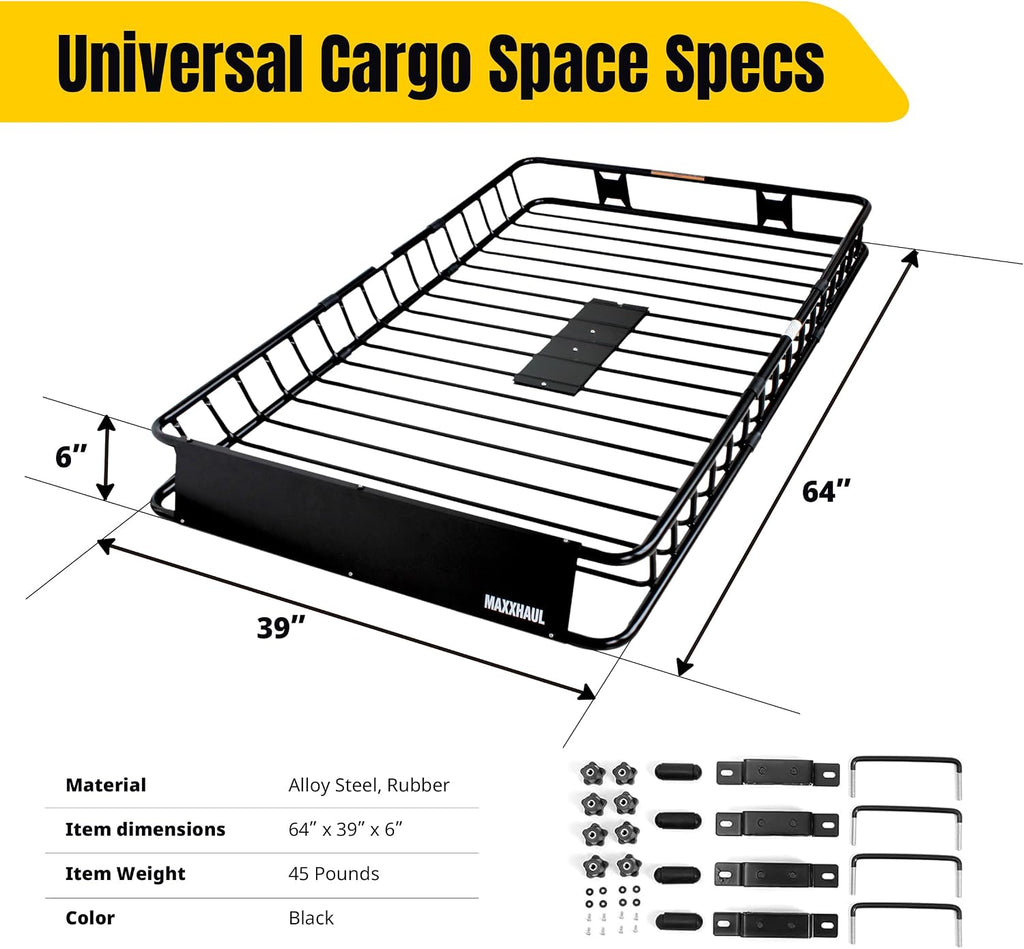 50506 64" X 39" X 6" Heavy-Duty Universal Steel Roof Rack , Black