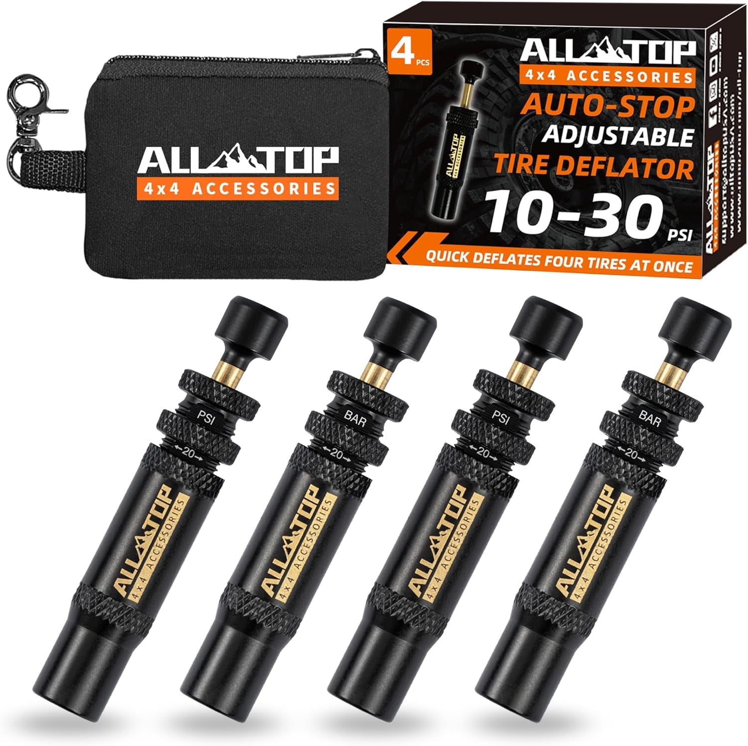 Adjustable Auto-Stop Tire Deflator Valve Kit (10-30 PSI) 4 PCS Screw-On Tyre Air down Tool for Offroad 4X4 (With 5 Valve Caps)