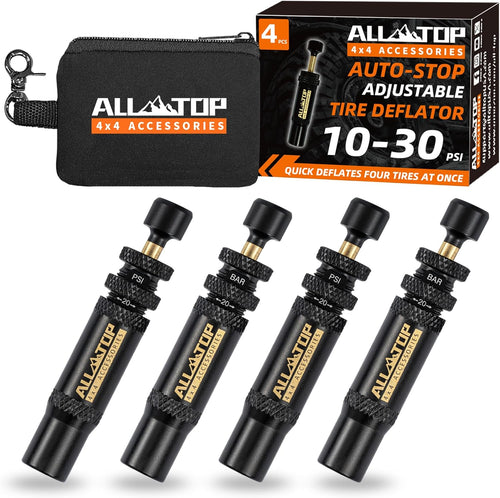 Adjustable Auto-Stop Tire Deflator Valve Kit (10-30 PSI) 4 PCS Screw-On Tyre Air down Tool for Offroad 4X4 (With 5 Valve Caps)