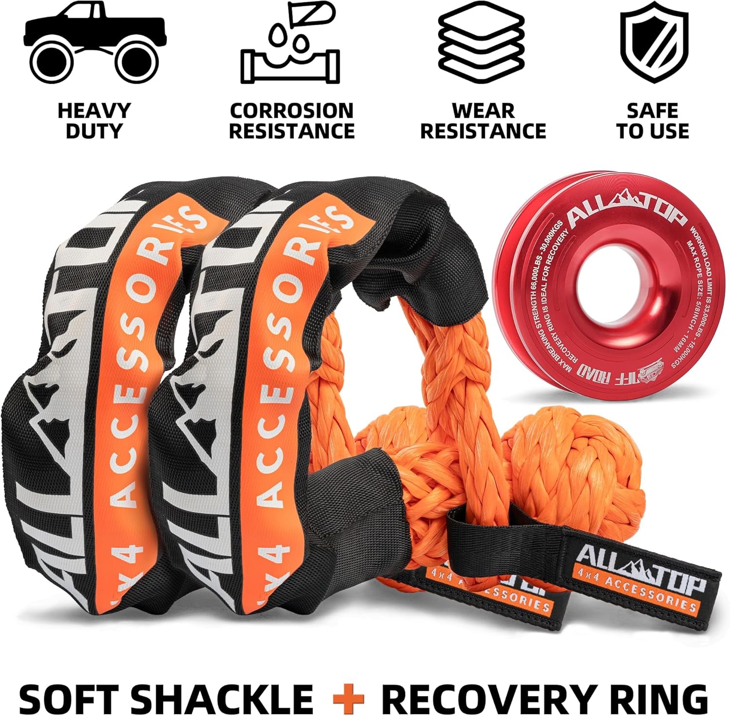 Synthetic Soft Shackle & Recovery Ring Kit (2PCS 1/2In X 22In - 48300LBS Shackles + 1 Red Snatch Pulley Ring) for Winch Tackle Pulley System
