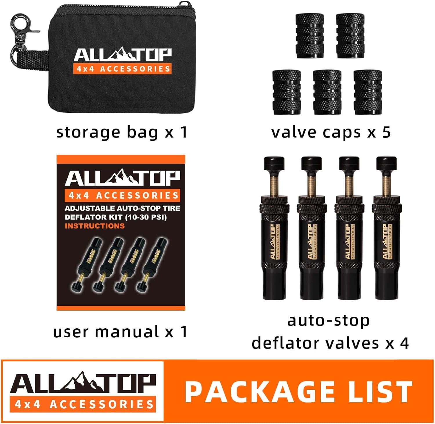 Adjustable Auto-Stop Tire Deflator Valve Kit (10-30 PSI) 4 PCS Screw-On Tyre Air down Tool for Offroad 4X4 (With 5 Valve Caps)