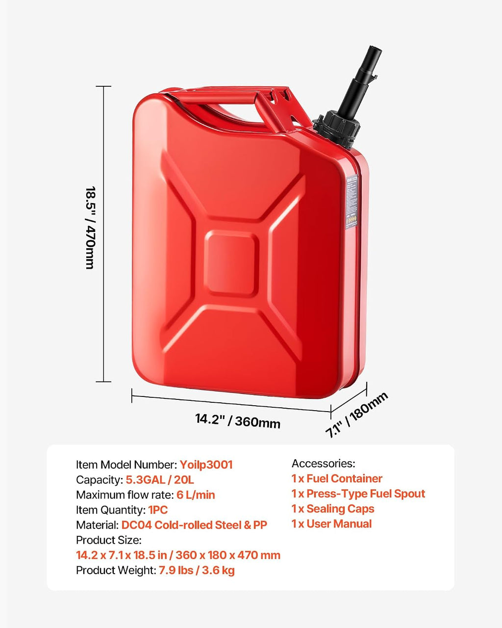 Metal Fuel Container, 5.3 Gallon, Fuel Jerry Can with Spout and Comfort Handle, 6 L/Min Max Flow Rate, Leakproof & Corrosion-Resistant Metal Gas Tank Most Cars Motorcycle ATV UTV, Red