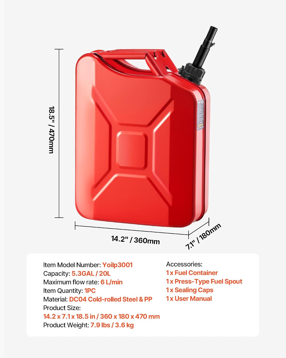 Metal Fuel Container, 5.3 Gallon, Fuel Jerry Can with Spout and Comfort Handle, 6 L/Min Max Flow Rate, Leakproof & Corrosion-Resistant Metal Gas Tank Most Cars Motorcycle ATV UTV, Red