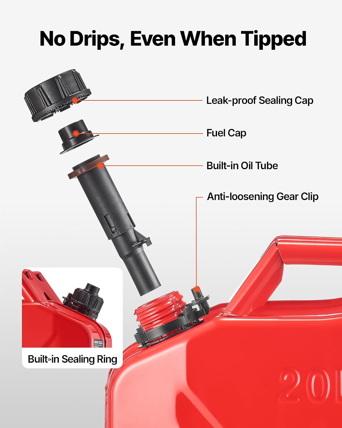 Metal Fuel Container, 5.3 Gallon, Fuel Jerry Can with Spout and Comfort Handle, 6 L/Min Max Flow Rate, Leakproof & Corrosion-Resistant Metal Gas Tank Most Cars Motorcycle ATV UTV, Red