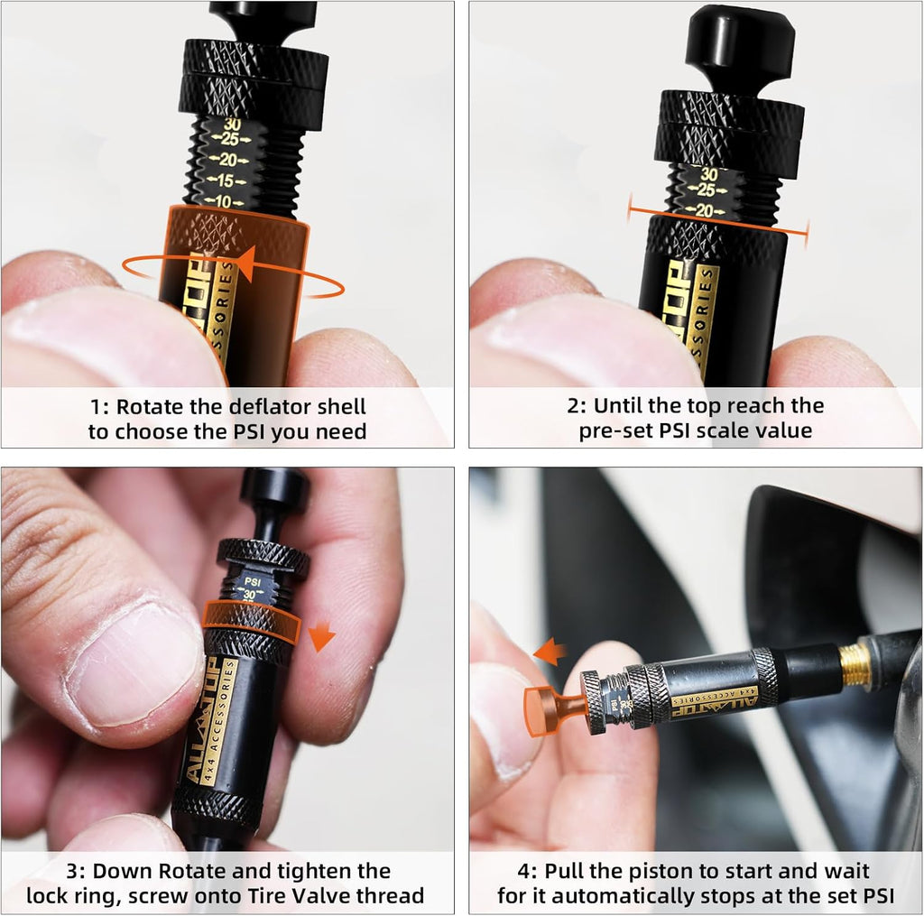 Adjustable Auto-Stop Tire Deflator Valve Kit (10-30 PSI) 4 PCS Screw-On Tyre Air down Tool for Offroad 4X4 (With 5 Valve Caps)