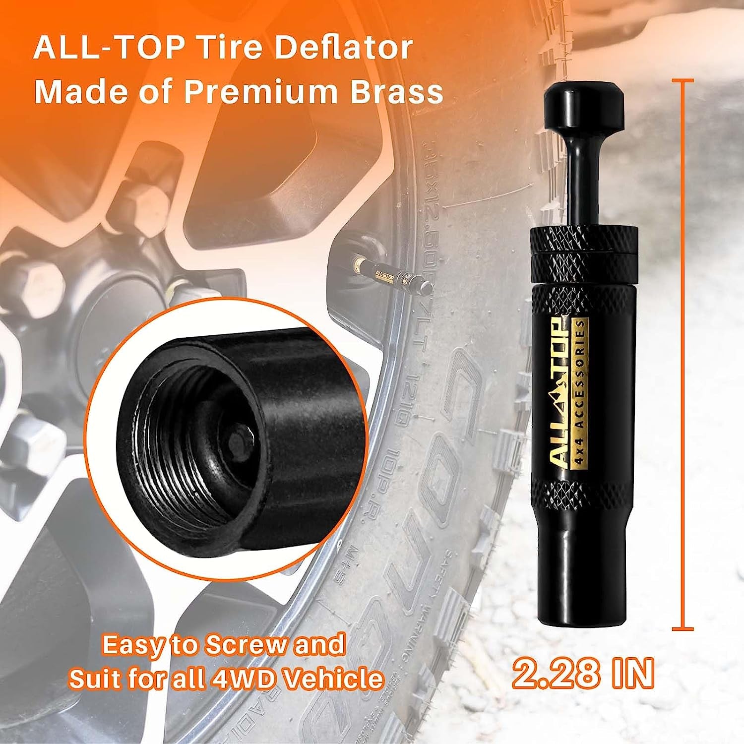 Adjustable Auto-Stop Tire Deflator Valve Kit (10-30 PSI) 4 PCS Screw-On Tyre Air down Tool for Offroad 4X4 (With 5 Valve Caps)